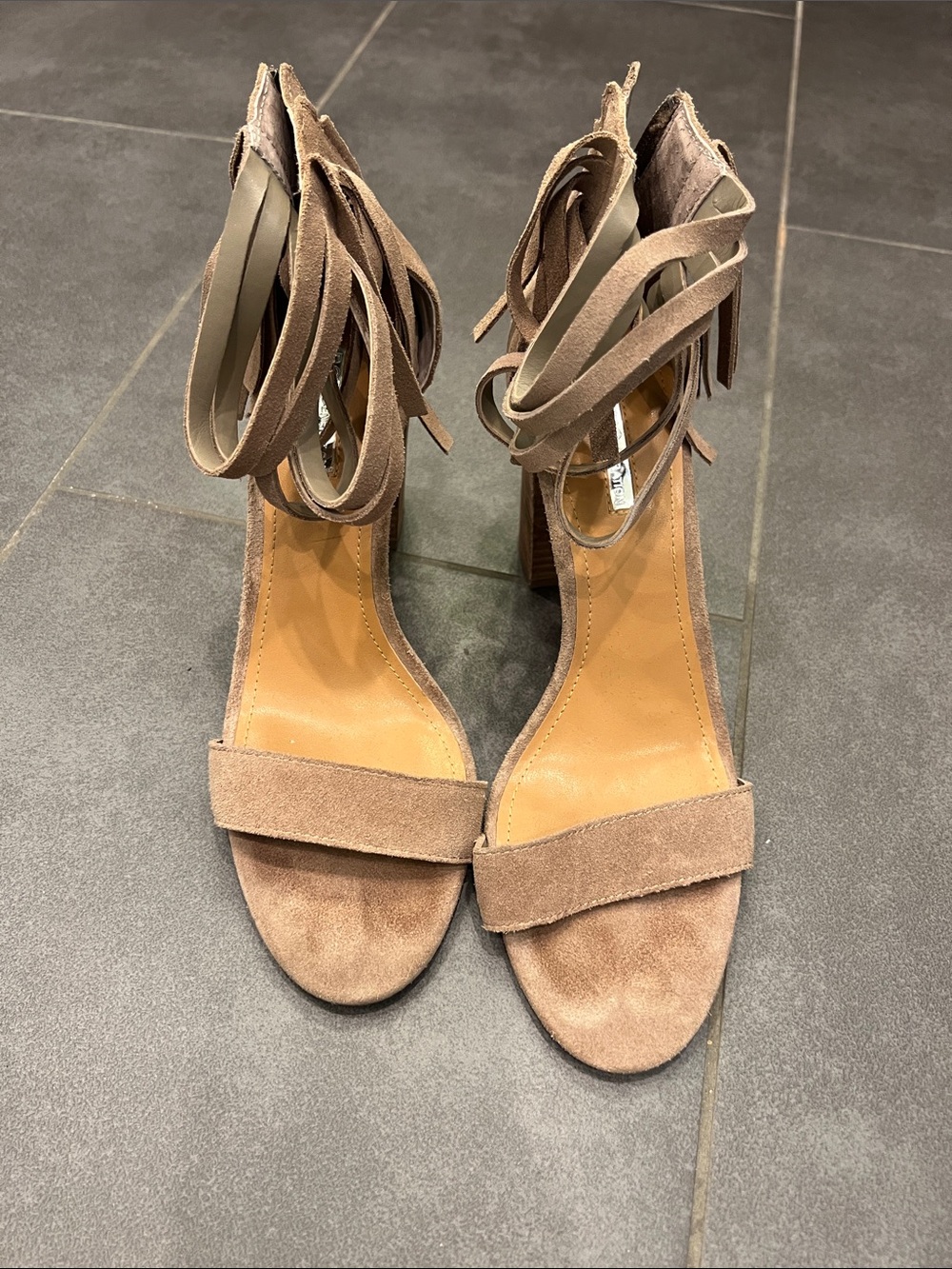 BCBGeneration Taupe Suede Ankle-Tie Heels